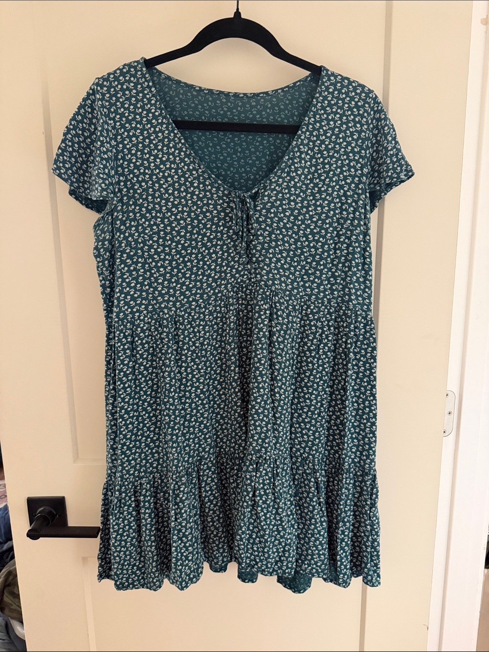 Green Floral Tie-Front Tiered Swing Dress